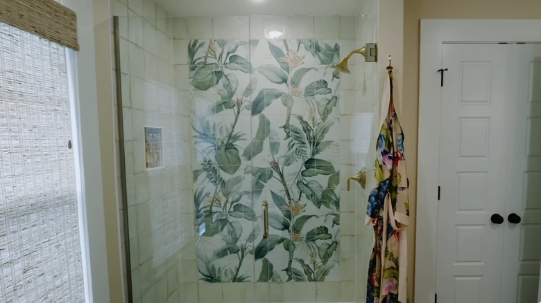 whimsical shower tile with foliage