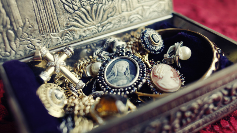 Antique pendants in jewelry box