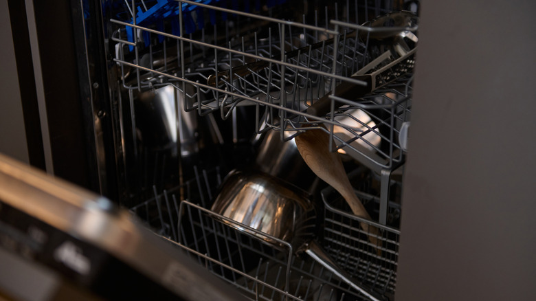 The inside of a dishwasher