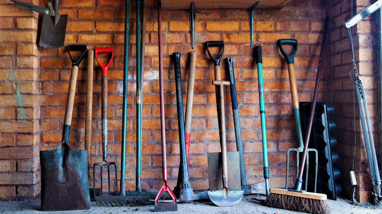 gardening tools in garage