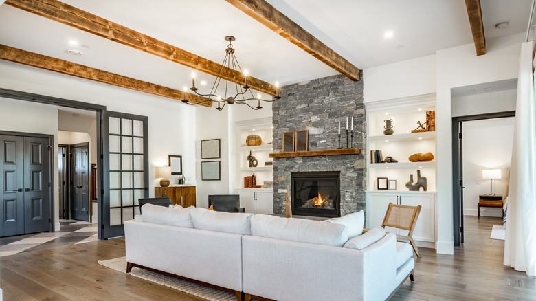 Living room with wood ceiling beams