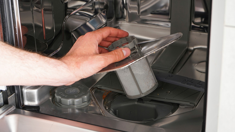 A hand removes a dishwasher filter for cleaning