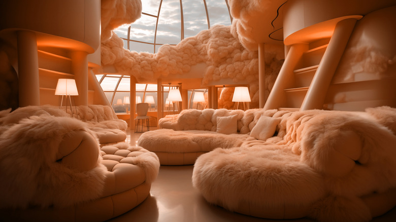 A room with Peach Fuzz colored couches