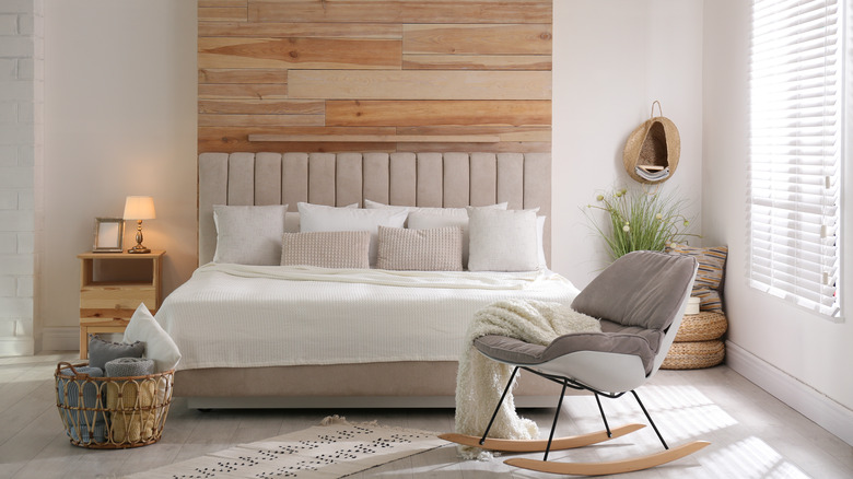 wooden headboard in bedroom