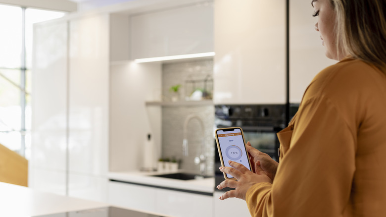 Woman checking temperature in house