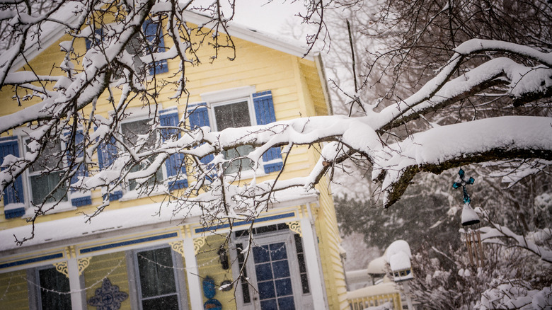 Tree branches that are covered in snow in front of a yellow house