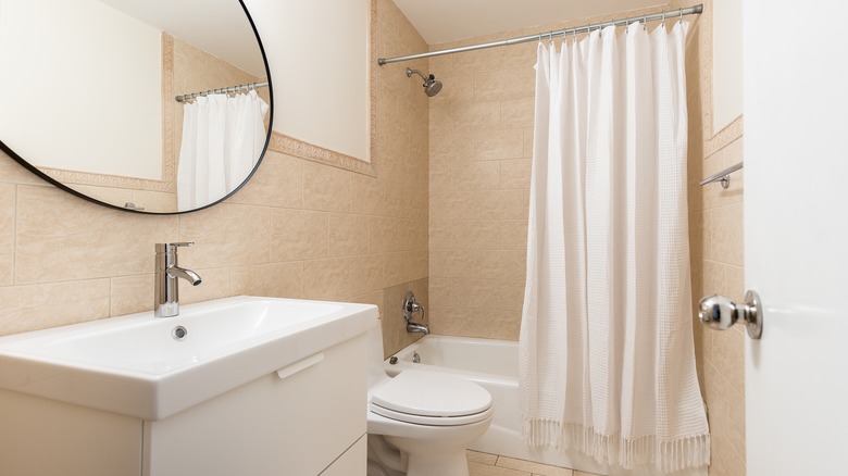 Modern bathroom with sink, mirror, and shower curtain