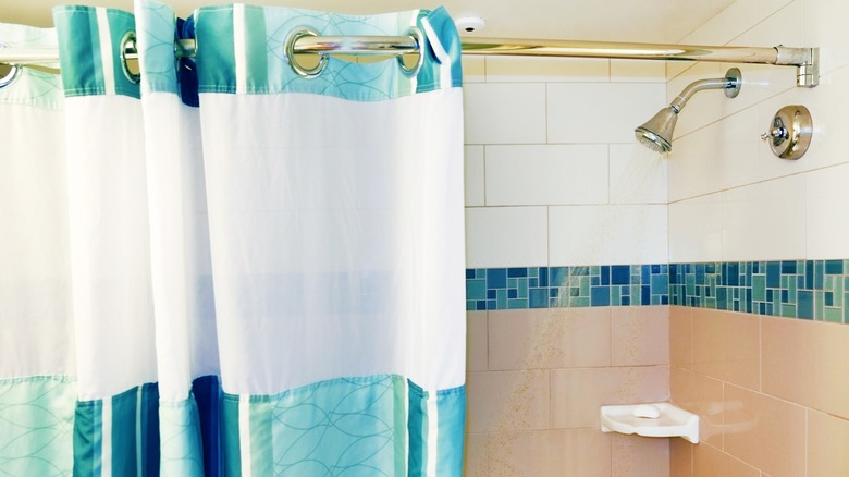 White, blue, and green shower curtain