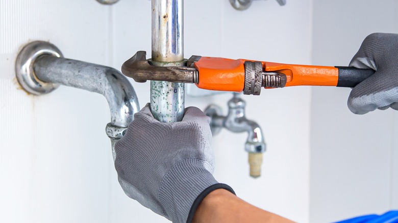 Person repairing sink leak