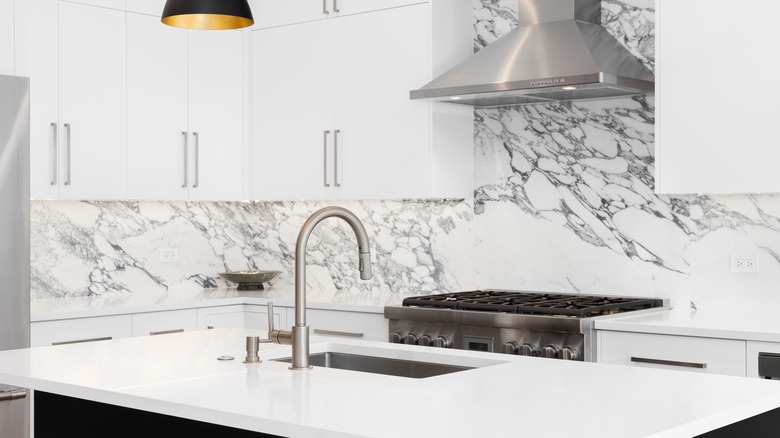 kitchen with white and back marble wall