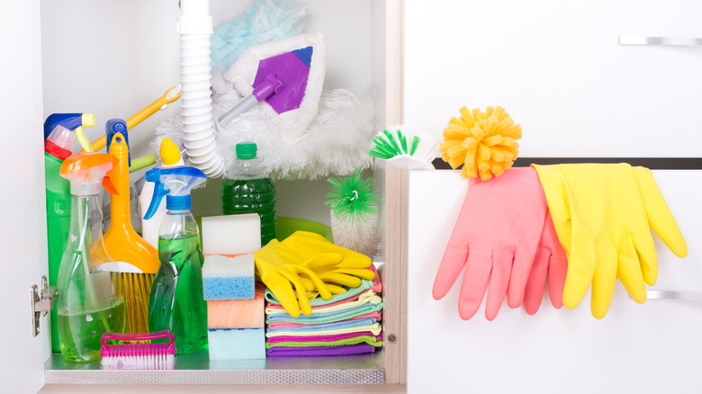 Cleaning products stored in white shelving