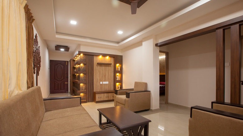 Living room with false ceiling, couch, and lighting fixtures