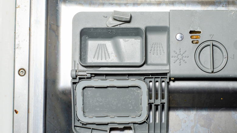 Top view of a dishwasher detergent compartment