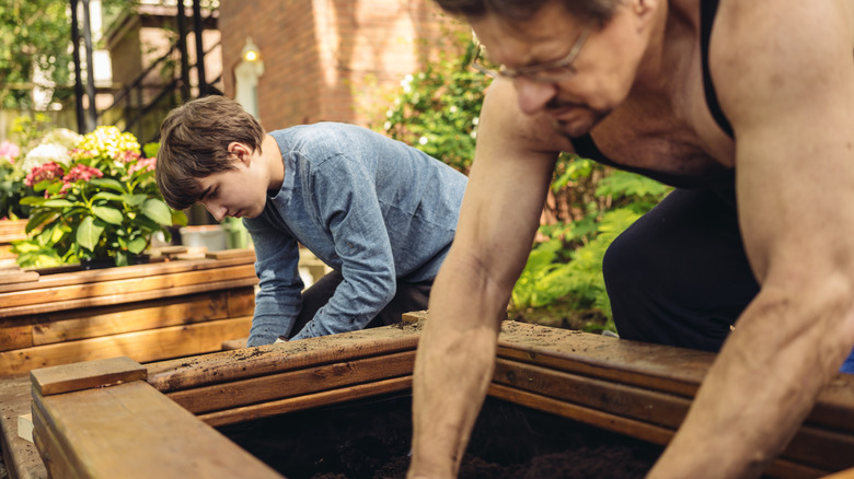 man adding soil to raised garden bed