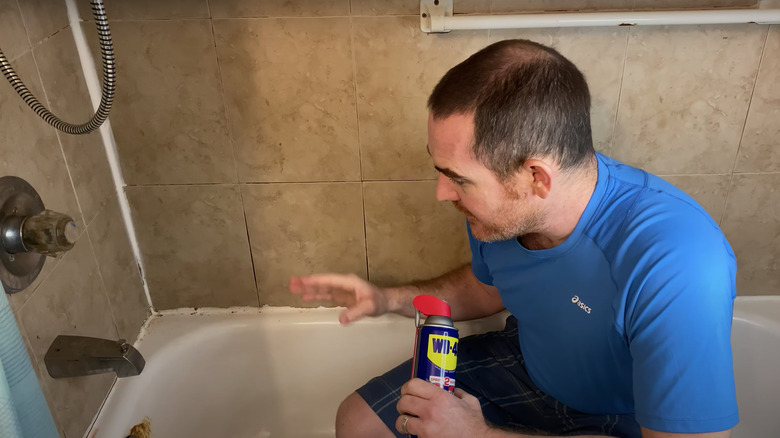 Person holding WD-40 in tub