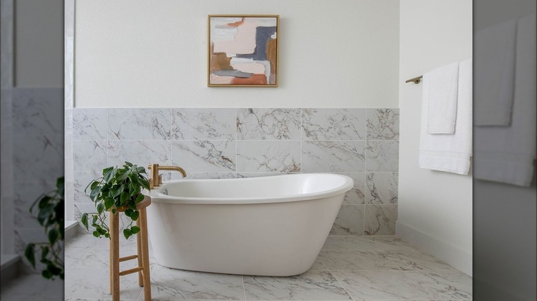 Freestanding bathtub in renovated bathroom