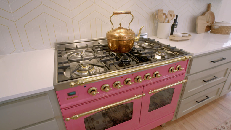 Pink range in neutral kitchen