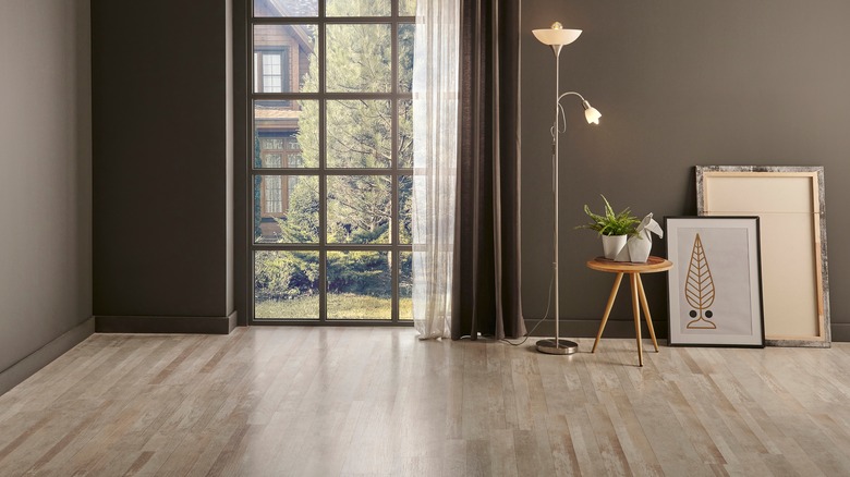 Living room with gray walls and gray hardwood floor