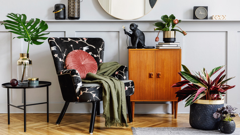 Living area black floral chair