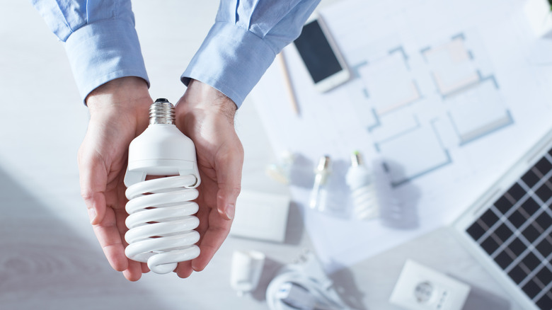 person holding CFL light bulb