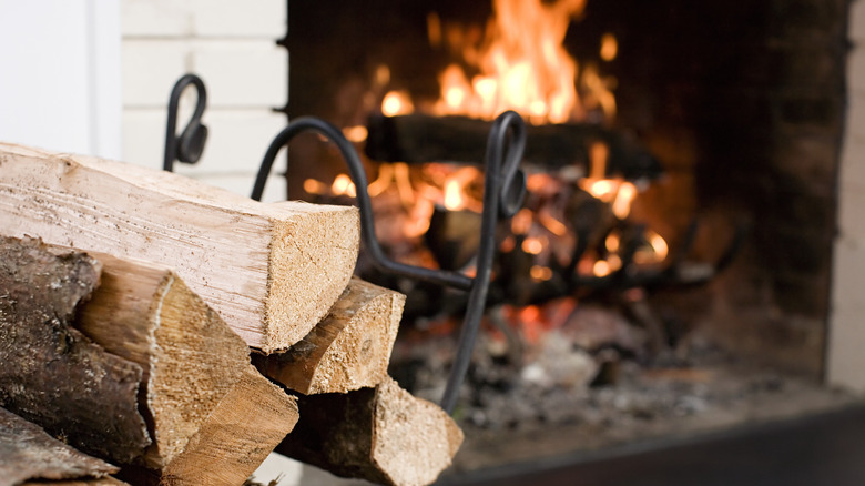 logs with fireplace in background