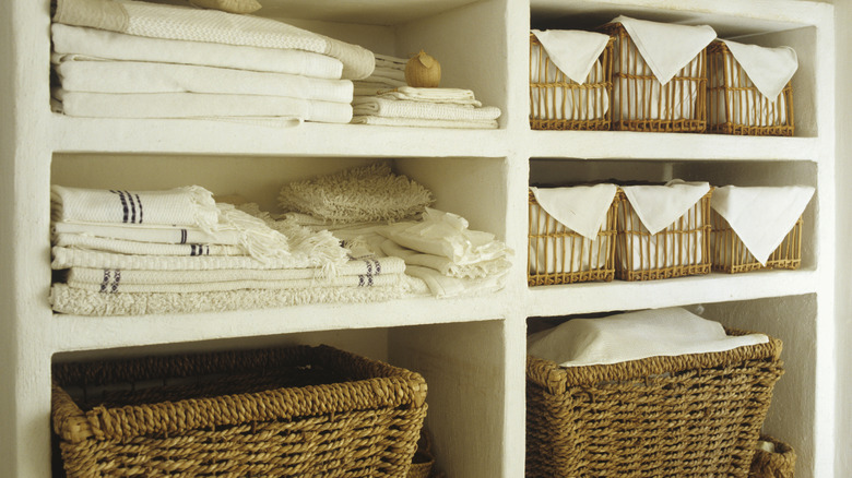 bathroom storage shelves and baskets