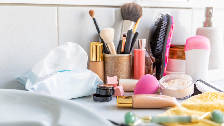 messy vanity in bathroom