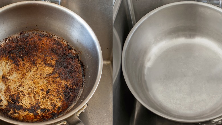 Before and after dirty stailnless steel pots