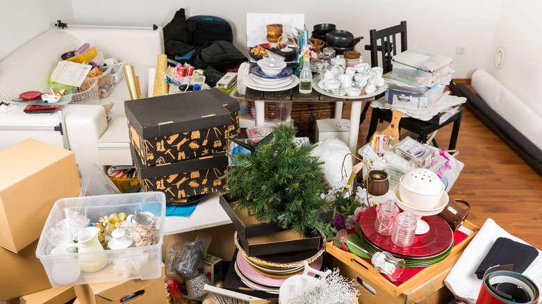 pile of sentimental items like decorations and boxes to declutter