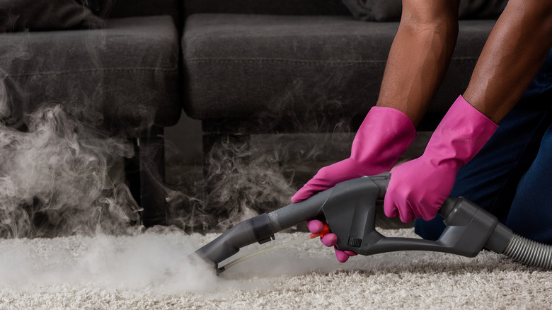 Hands wearing pink gloves hold a rug steamer that's emitting steam