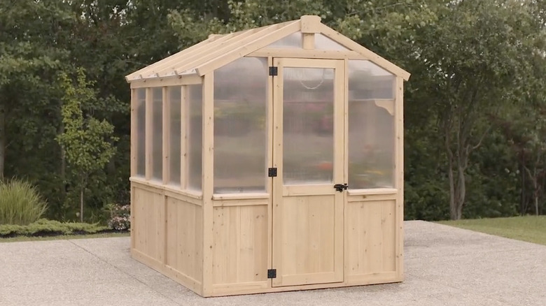 The Yardistry greenhouse from Costco as part of a backyard oasis