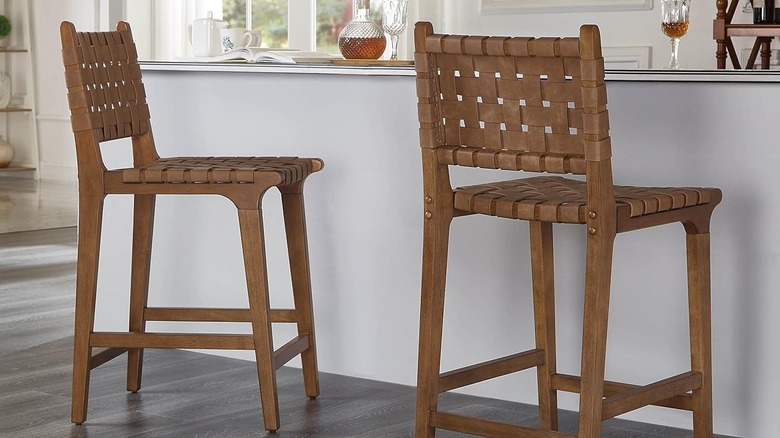 leather woven stool at counter