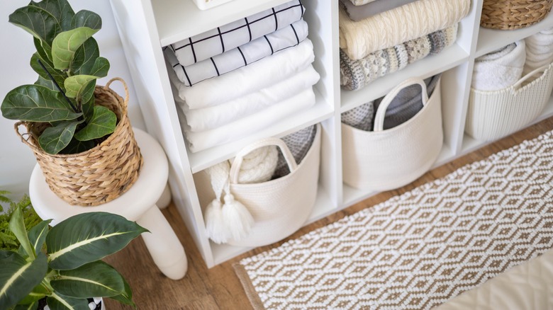 Towels wrapped into baskets