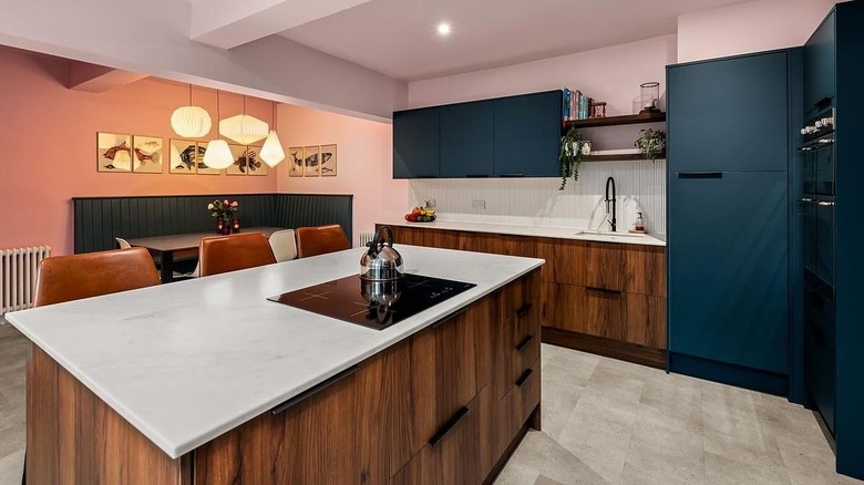 Wood and blue kitchen cabinets