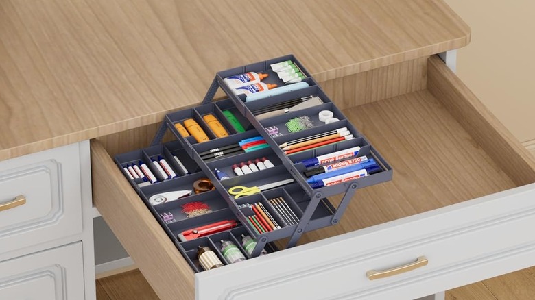 Three tier organizer inside wooden drawer