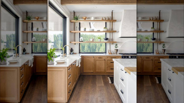 Rustic kitchen with white quartz counters