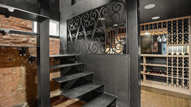 black basement with wine racks