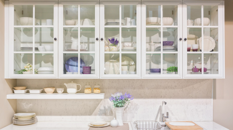 kitchen with glass front cabinets