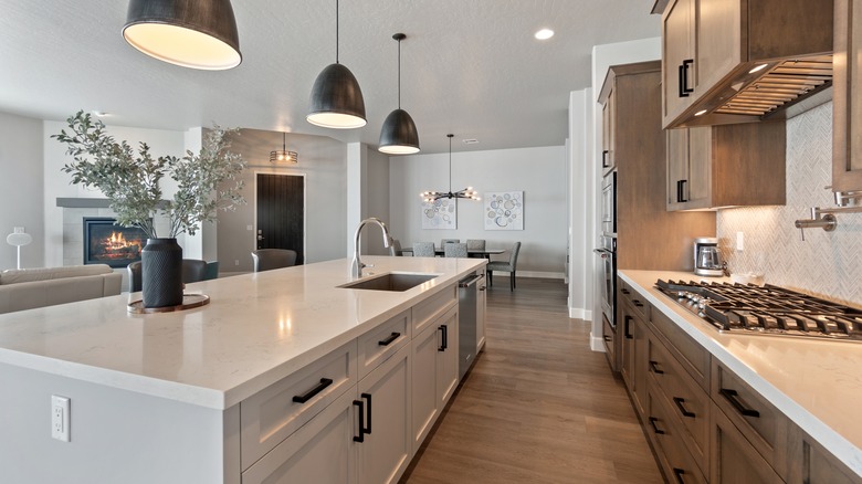 White island with wood cabinets