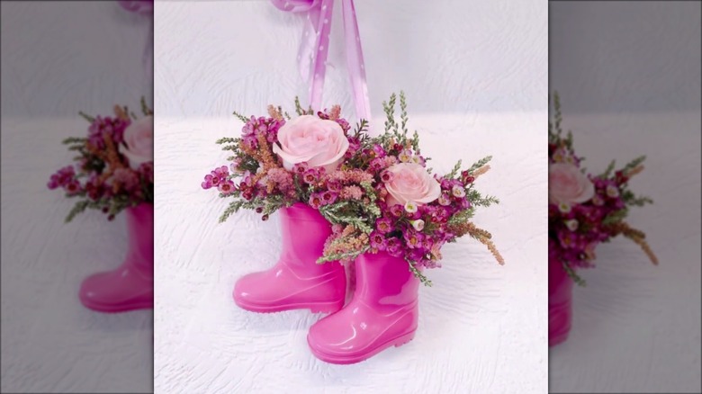 Pink flowers in pink boots