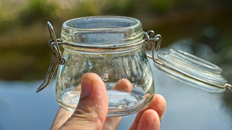 Close up shot of a hand holding a mini glass clamp lid jar