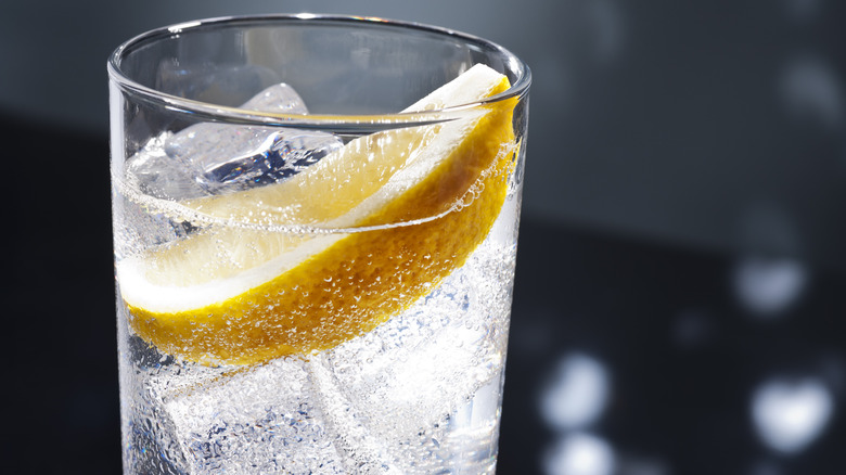 A glass of club soda with lemon