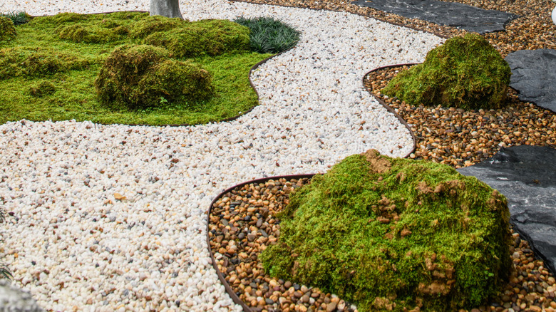 Japanese garden with gravel, rocks, and moss