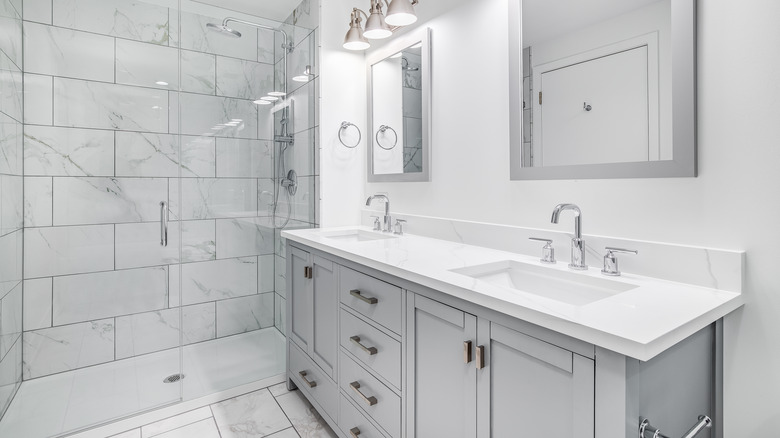 Gray bathroom with shower