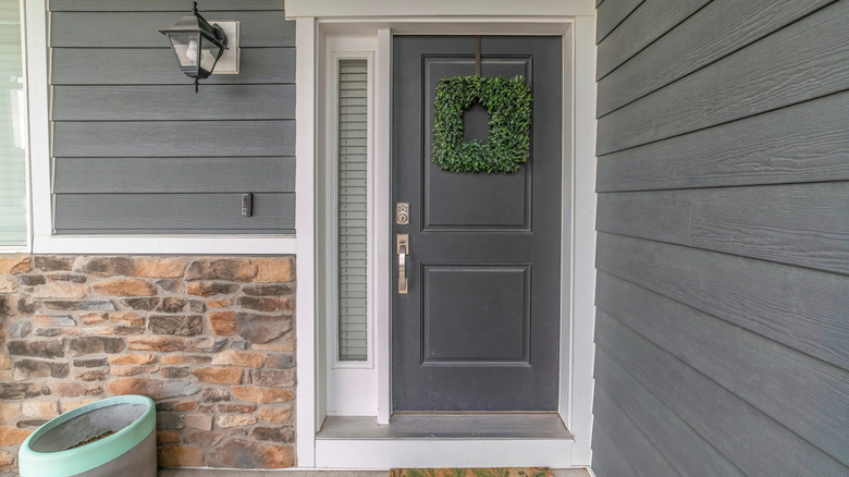 front door with square wreath