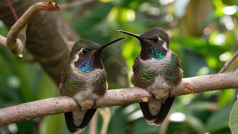 Two hummingbirds on a tree branch