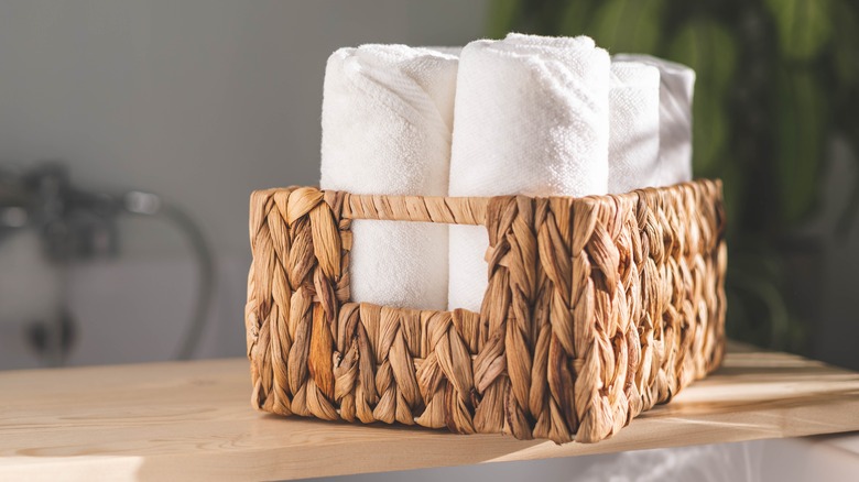 Woven storage basket on table