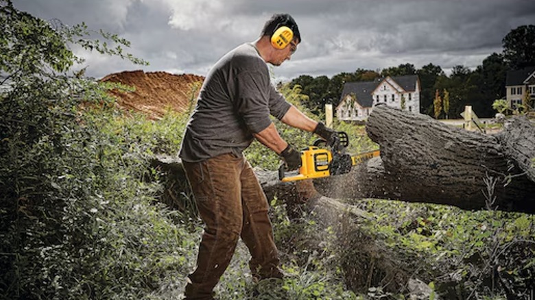 man wearing DeWalt hearing protection