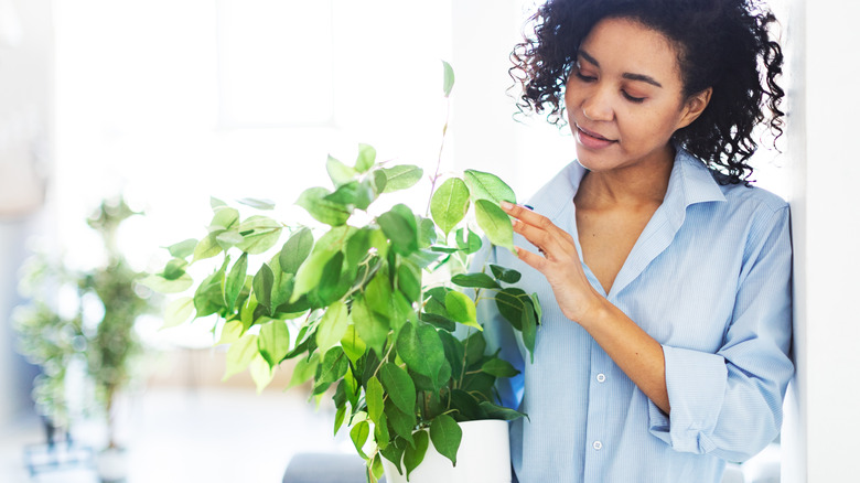 woman holding artificial plant