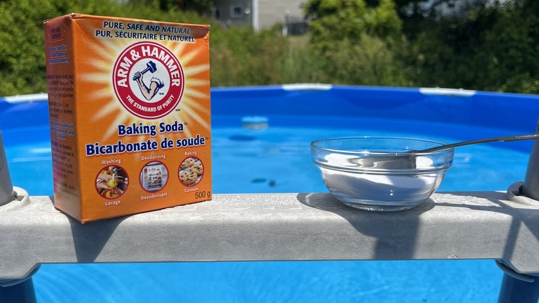 Baking soda and bowl on pool ladder